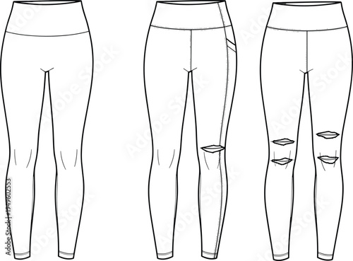 Women's Yoga Leggings Fashion Technical Sketch Flat Illustration Template for Apparel Design Mockup High Waisted Activewear CAD Drawing with Pocket and Knee Ripped Detail
