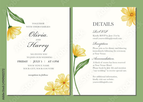 Botanical Watercolor Yellow Flower Wedding Invitation Card