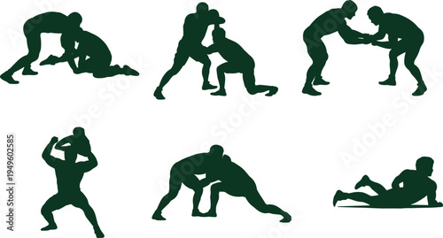 Wrestling sport silhouette set with athletes grappling and takedown poses, dynamic combat action collection isolated on white background for fitness design