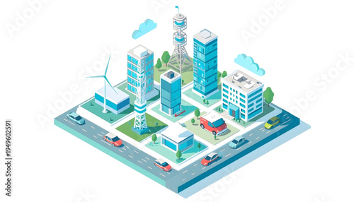 isometric 3d vector illustration of a sustainable smart city with electric cars, wind turbines, green energy infrastructure, and 5g communication towers on white background