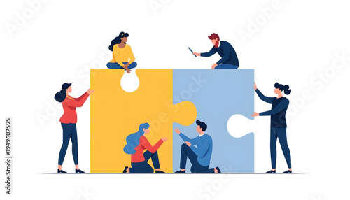 flat vector illustration of diverse business team assembling giant jigsaw puzzle pieces for teamwork partnership and problem solving concept