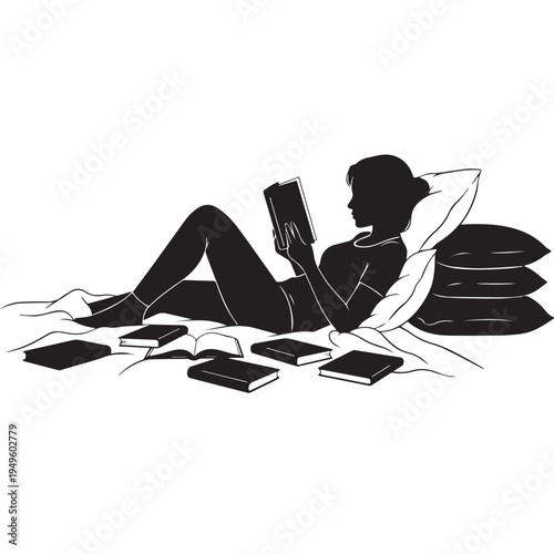 A relaxed woman lies comfortably in bed, surrounded by pillows and books, engrossed in reading.