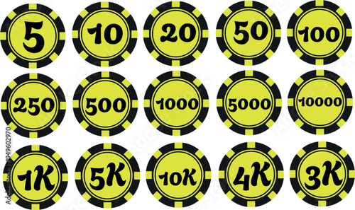 Collection of casino style poker chips with distinct numerical values for gambling and betting, isolated on a pristine white background, representing currency for various table games