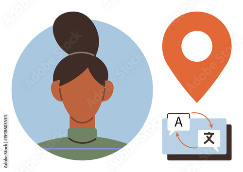 Global communication, translation services, cultural exchange, language learning, localization, international travel. Womans profile, location pin and translation icon. Global communication