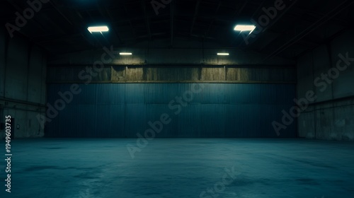 Vast empty industrial hangar under dim fluorescent lights