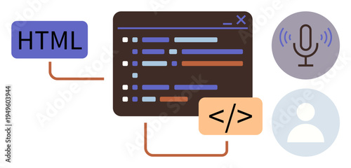 Web design, programming, software development, digital technology, user interface, coding concepts. Display of HTML, coding interface microphone and user profile. Web design and programming