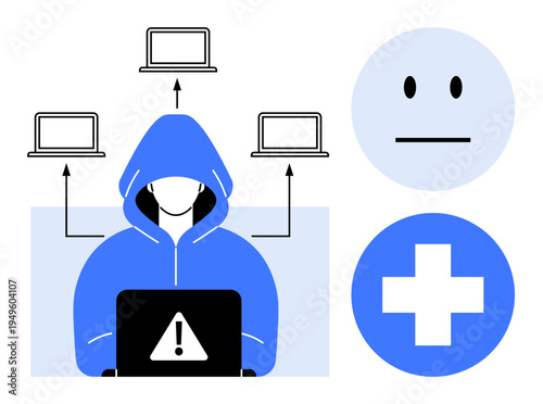 Cybersecurity, data protection, hacking threats, healthcare, online anonymity, digital risks. Hooded figure with laptop and warning icon, networked computers healthcare cross. Cybersecurity and data
