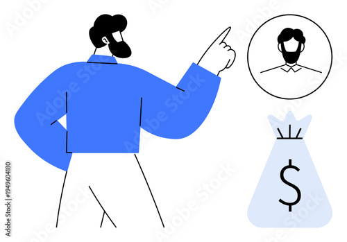 Businessman pointing to a user profile icon and bag with a dollar sign, representing financial opportunities, user identification, investment, growth, entrepreneur goals, hiring. Ideal for business