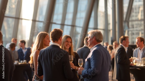 Business professionals engaging in networking and conversation at a modern corporate event in a glass-walled venue with natural sunlight and contemporary architecture