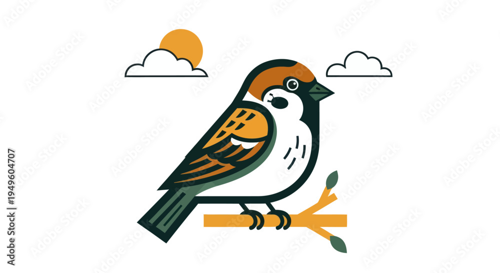 Obraz premium Sparrow perched on branch illustration