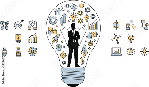 Businessman silhouette inside lightbulb surrounded by business icons representing creative innovation strategy growth teamwork success