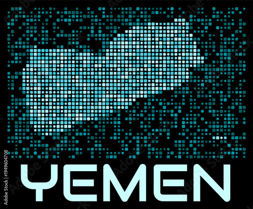 Yemen digital dotted map. Shape of the country in cyan color palette on dark background. Futuristic Yemen map design. Vector illustration.