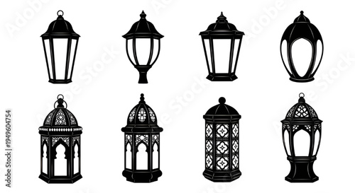 Ramadan lantern icon set, traditional Arabic lamp silhouettes on white background
