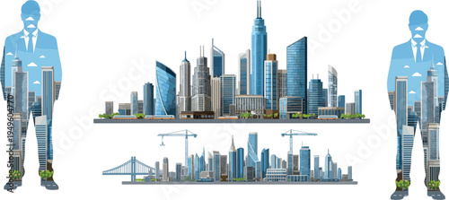 Businessman silhouettes with double exposure city skyline and modern urban landscapes representing corporate leadership real estate