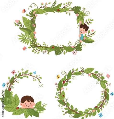 Cute boy hiding and peeking behind decorative floral frames and wreaths with green leaves butterflies and flowers vector illustration set