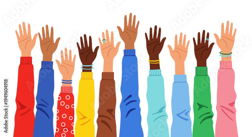 Diverse group of people raising their hands in unity against a white background