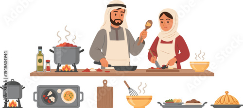 Muslim couple wearing aprons cooking together in kitchen with traditional Arabic food set representing family values middle eastern cuisine culinary hobby