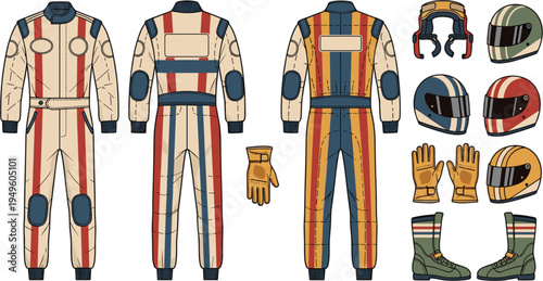 Vintage Style Professional Racing Suit Vector Set Featuring Retro Helmets Gloves and Boots for Classic Motorsport Branding and Apparel
