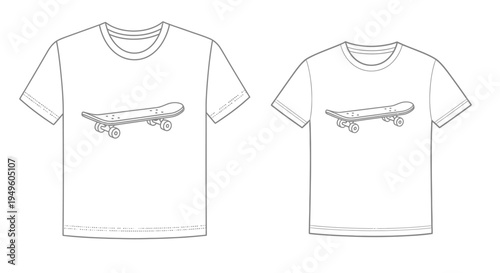 Pair of White T-shirts with Matching Urban Skateboard Outline Designs, Isolated White Background