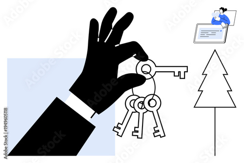 Keys concept. Silhouette of a hand holding old-fashioned keys, security and ownership. Keys convey access, data management, and remote work. For security, property, technology teamwork environment