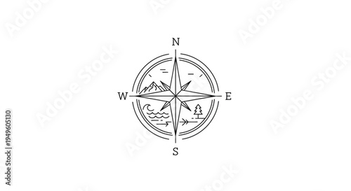 Detailed line art compass with nature elements for adventure and navigation, isolated on white background.