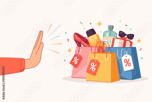 Flat vector illustration of a woman's hand making a stop gesture to reject shopping bags filled with products on sale, representing conscious consumption, minimalism, and financial budget control.