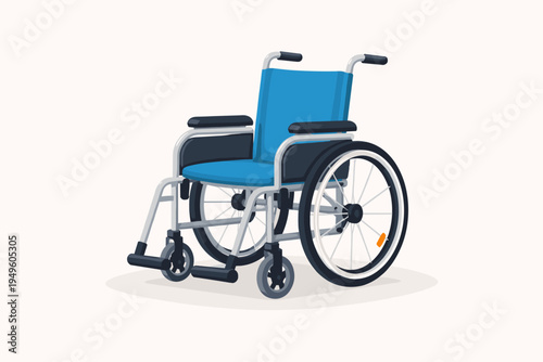 Modern blue wheelchair flat vector illustration isolated on a white background. Professional medical equipment for accessibility, disability support, mobility aid, and healthcare services design.