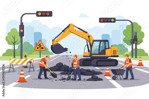Road construction crew repairing city street with yellow excavator at traffic light intersection. Workers in safety vests using shovels and wheelbarrows to fix asphalt. Flat vector illustration.