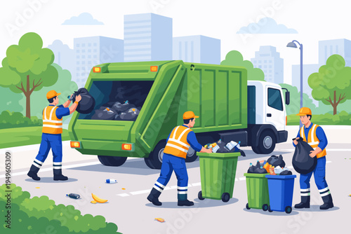 Sanitation Workers in High-Visibility Vests Collecting Garbage into a Green Truck on a City Street, Waste Management Team Cleaning Urban Environment with Bins and Bags, Flat Vector Illustration