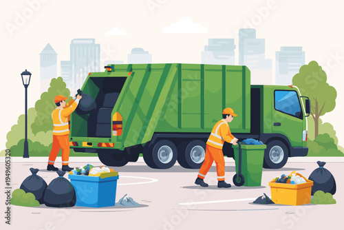 Professional Sanitation Workers Loading Garbage Bags and Recycling Bins into a Green Waste Collection Truck on a City Road, Flat Vector Illustration of Urban Cleaning and Environmental Service