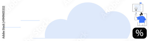 Cloud computing, data analysis, digital tools, productivity, innovation, IT solutions, modern business. A large cloud with a person presenting data. Cloud computing and data analysis concepts