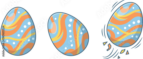 Colorful cartoon decorative eggs with abstract patterns, including a cracked egg with broken shell pieces, isolated on white background in flat vector style.