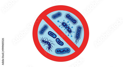 Graphic illustration of various bacteria and germs inside a red prohibition sign on a white background.