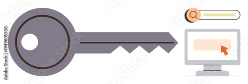 Digital access, cybersecurity, search tools, online security, internet safety, access control. Key alongside a computer screen and search icon. Digital access and cybersecurity concept