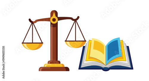 Graphic illustration of a balance scale and an open law book on a white background.