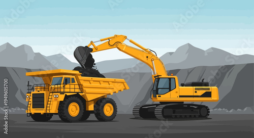 Illustration of a yellow dump truck and excavator in a quarry with mountains in the background.