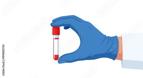 Gloved hand holding a blood sample tube against a white background