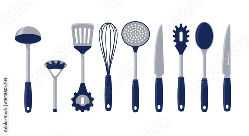 Collection of kitchen utensils including spatulas and knives on white background
