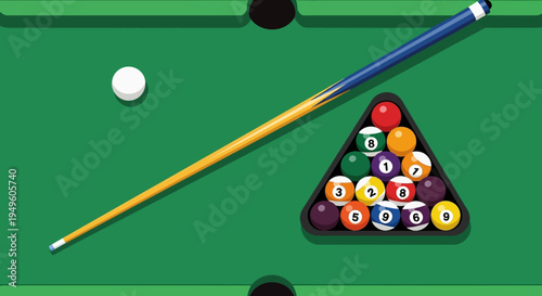 Overhead view of a pool table with colorful balls and cue stick