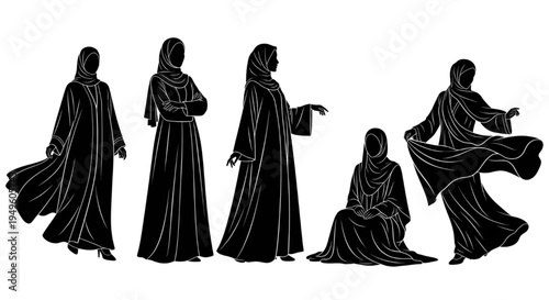 Muslim woman abaya silhouette set, traditional Islamic fashion poses on white background
