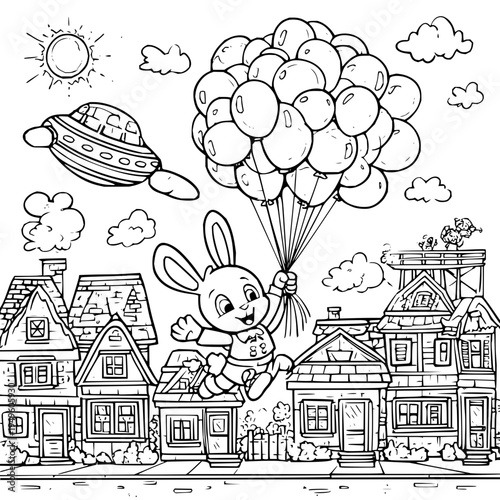 A cheerful cartoon bunny in a diaper flying with balloons over suburban houses and a ufo flying nearby under a sunny sky with fluffy clouds
