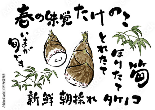 たけのこのシーズンと鮮度を伝える、ぬくもりある筆文字とイラストセット