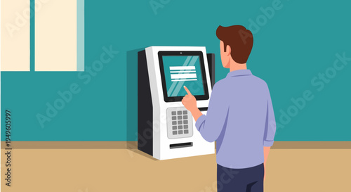 Man interacting with a self-service kiosk in a teal room.