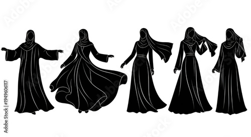 Muslim woman abaya silhouette set, traditional Islamic fashion poses on white background
