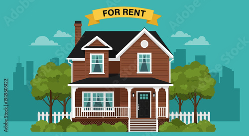 Illustration of a brown house with a 'For Rent' sign in front, set against a city skyline with trees and a white picket fence.