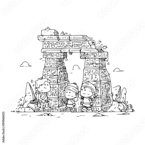 Three cartoon kids standing in front of ancient stone archway with intricate carvings outdoors