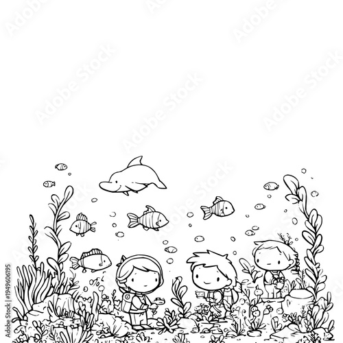 Three children explore underwater with dolphin and fish among seaweed and coral