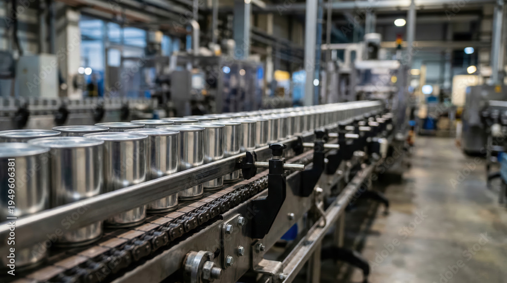Fototapeta premium Cans move along a conveyor belt in a busy factory. Workers can be seen in the background. Equipment runs steadily to prepare items for packaging and shipping