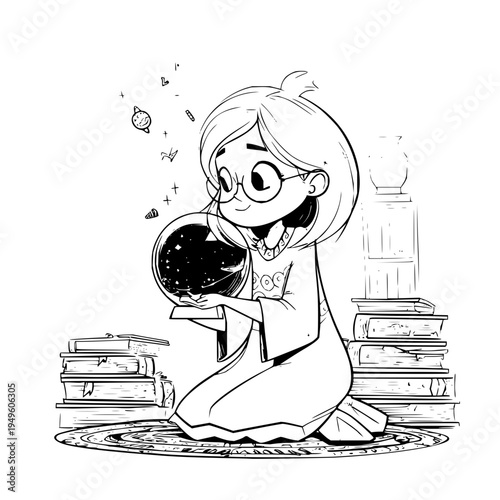 Curious girl in glasses holds crystal ball surrounded by books and mystical symbols in a cozy room
