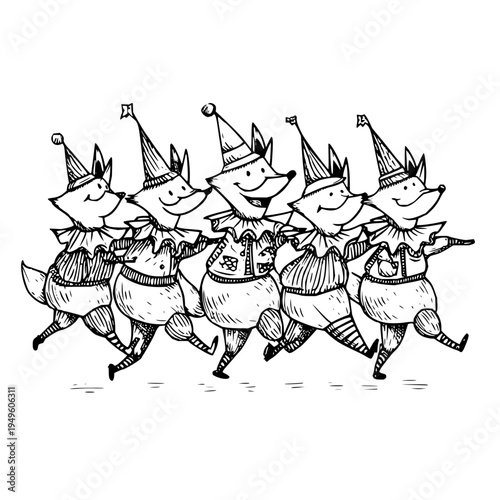 Group of happy cartoon characters wearing party hats and dancing together in a line smiling and having fun in a playful scene